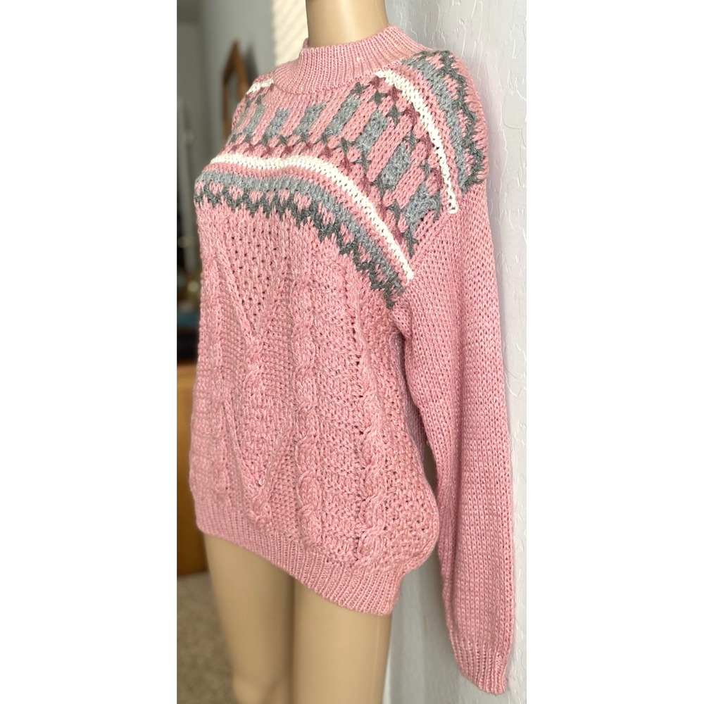Vintage Y2K Women's M Cable Knit Sweater Pullover Pink Handmade Preppy